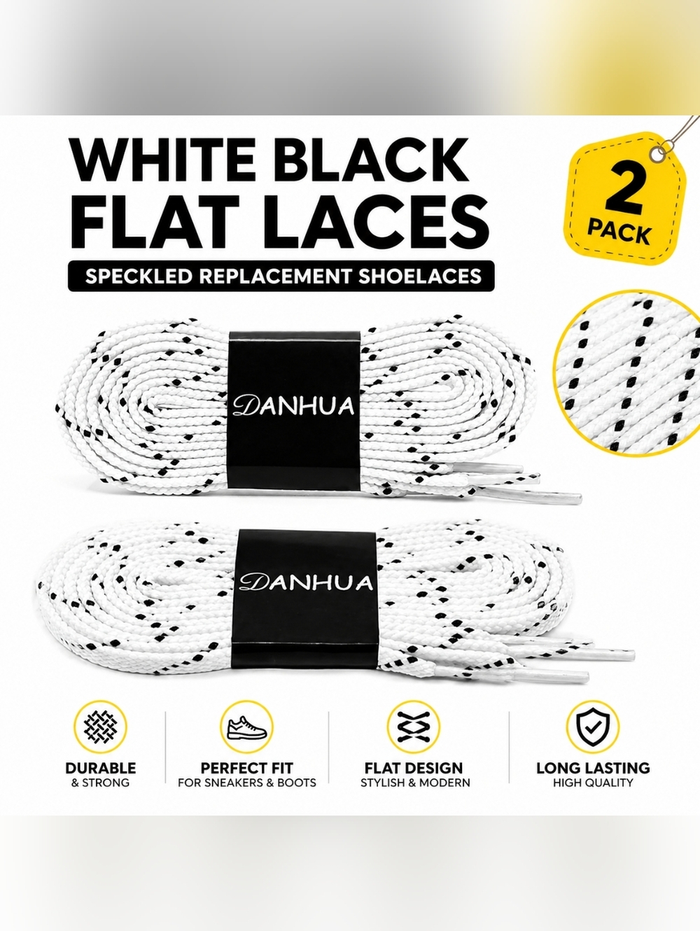 Danhua‎ White Black Flat Laces Speckled Replacement Shoelaces for Sneakers Boots
